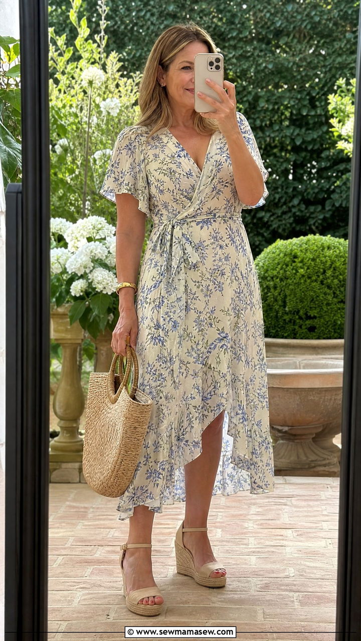 Wrap dress with espadrille wedges and a straw tote - 35 Midsize outfits for women over 40