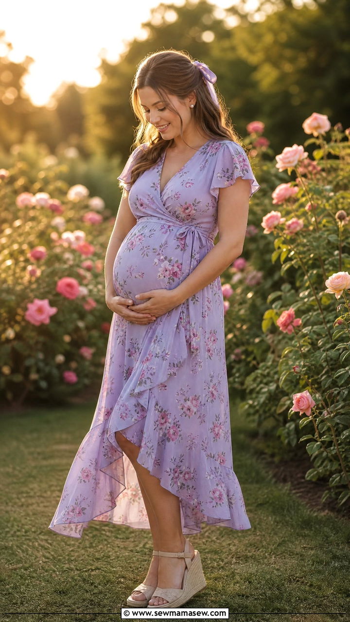Wrap dress with espadrille wedges garden maternity photoshoot - 25 Maternity photo outfit ideas summer