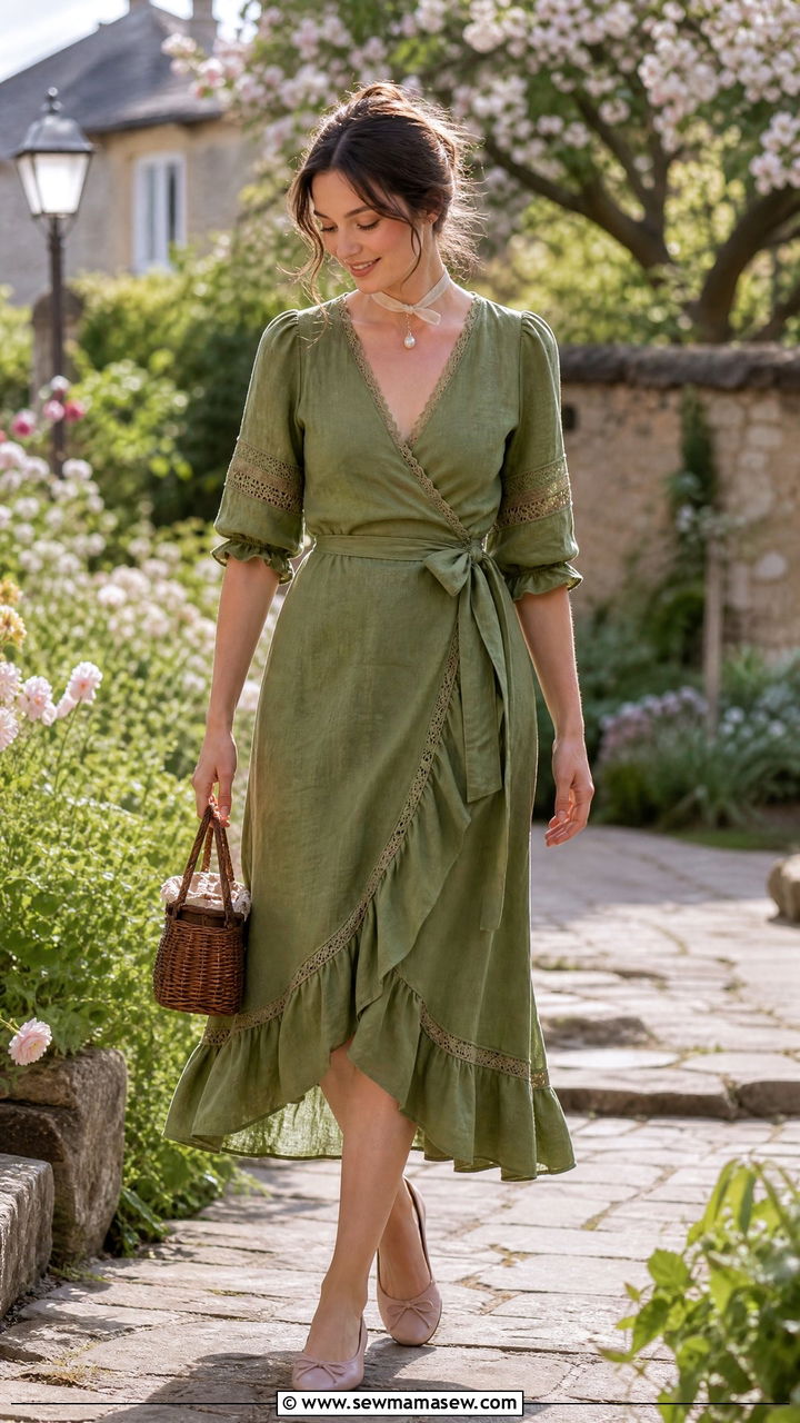 Wrap dress with lace details and ballet flats - 25 classy cottagecore outfit ideas