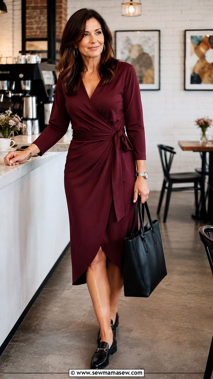 Wrap dress with loafers and leather tote - 30 parisian outfit ideas for women over 40