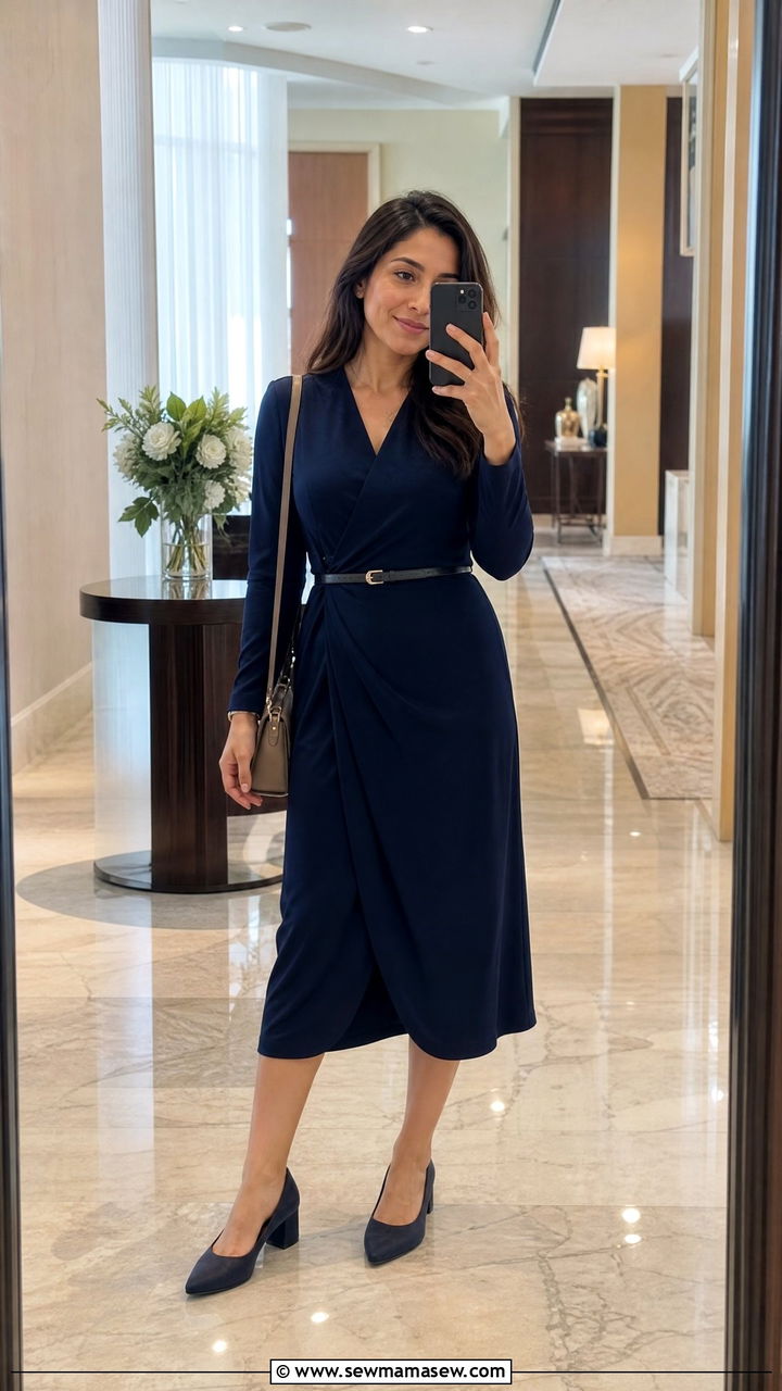 Wrap dress with low heels - 35 Medical conference outfit ideas