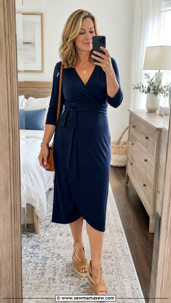 Wrap dress with low wedge heels - 20 Menopause outfit ideas