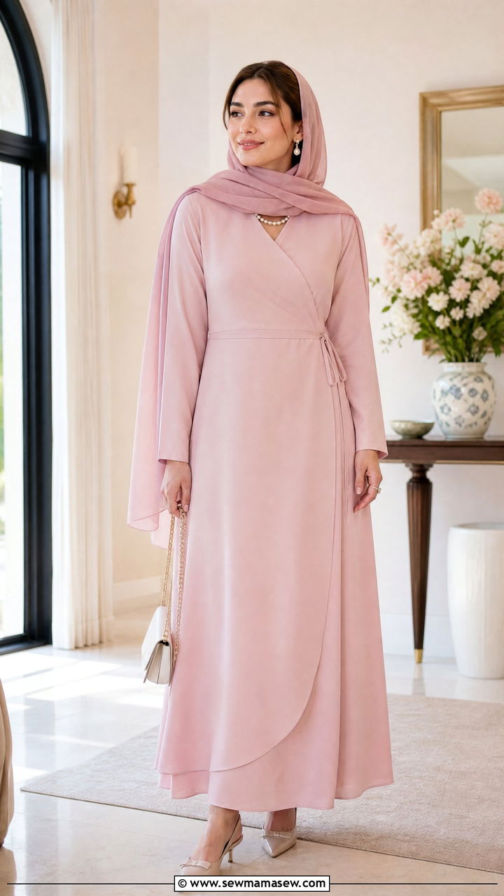 Wrap dress with pearl accessories - 30 Modest outfit ideas for Eid