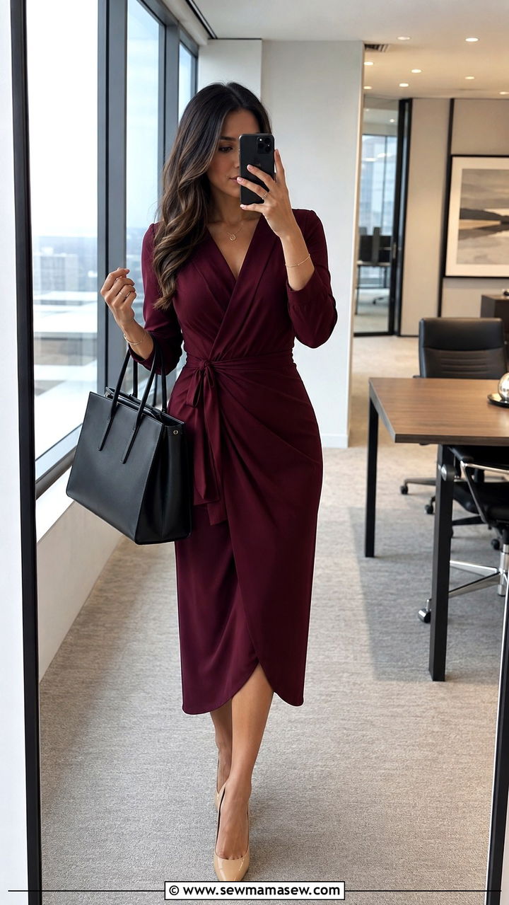 Wrap dress with pumps and delicate jewelry - 30 Internship outfit ideas for women