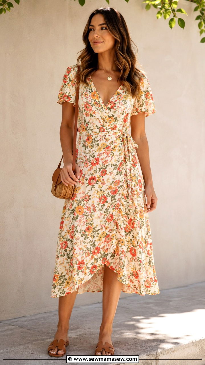 Wrap dress with slide sandals - 30 Outfit ideas for apple shape
