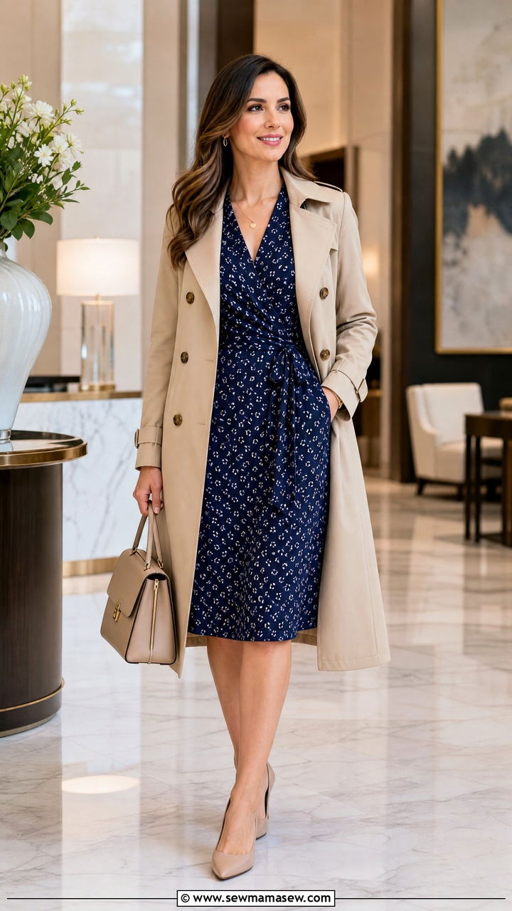 Wrap dress with structured trench and pumps - 30 Modest capsule wardrobe 2026