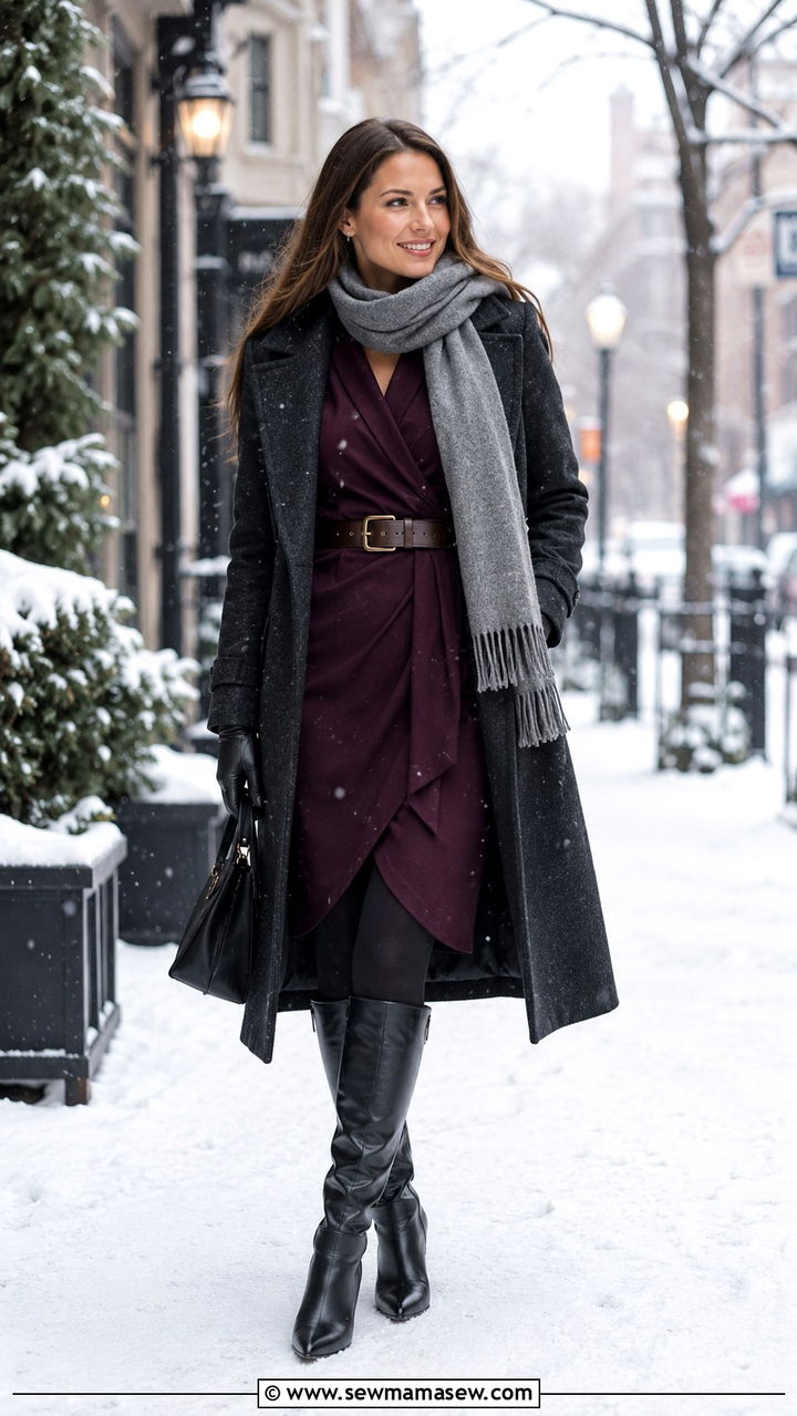 Wrap dress with tights and boots winter outfit - 25 Wrap dress outfit ideas with a belt