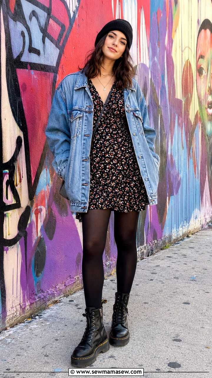 Wrap dress with tights and combat boots - 25 Wrap dress outfit ideas with tights