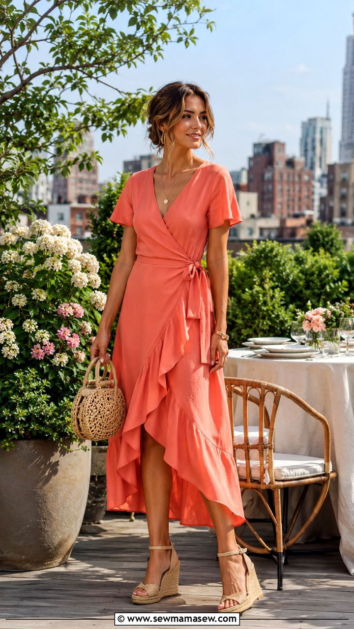 Wrap dress with wedge heels - 30 spring rooftop dinner outfit ideas