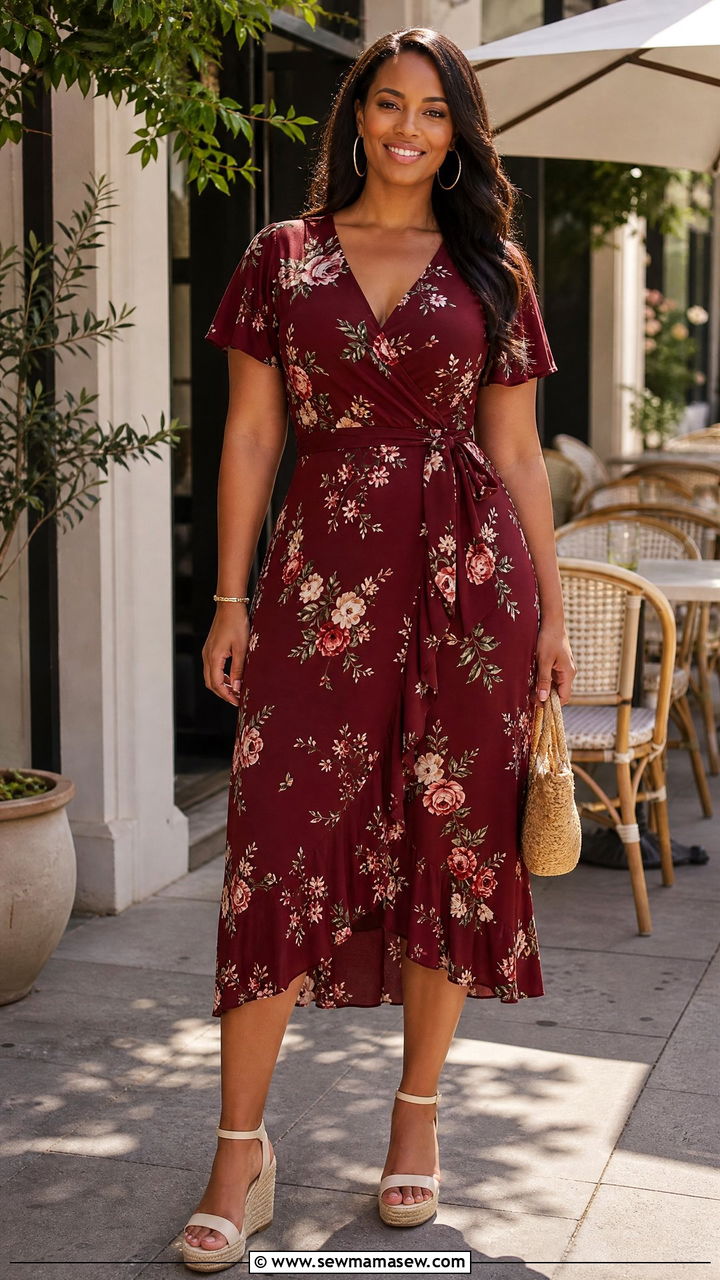 Wrap dress with wedge sandals - 25 Flattering outfits for big hips