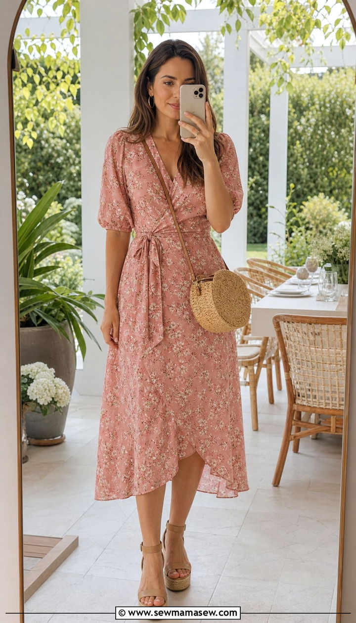 Wrap floral midi dress with espadrille wedges - 25 Spring outfits for 30 year old woman