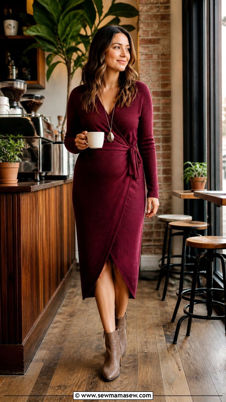 Wrap front knit dress with ankle boots - 20 4th trimester outfit ideas