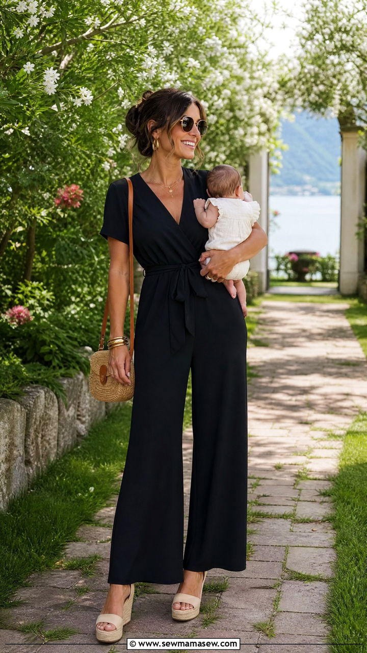Wrap jumpsuit with wedge espadrilles for a wedding - 25 wedding guest outfits for new moms