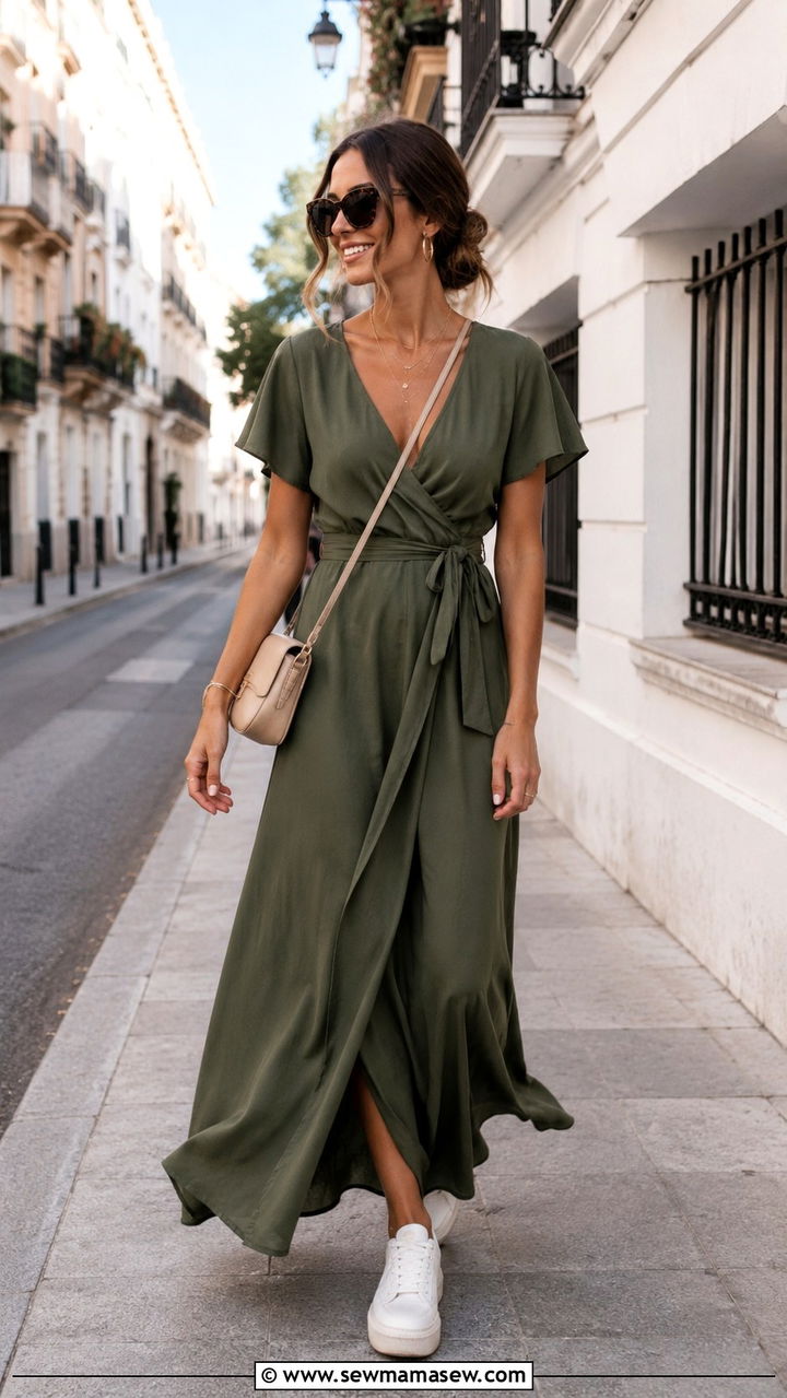 Wrap maxi dress with platform sneakers - 30 Maxi dress with sneakers outfit ideas