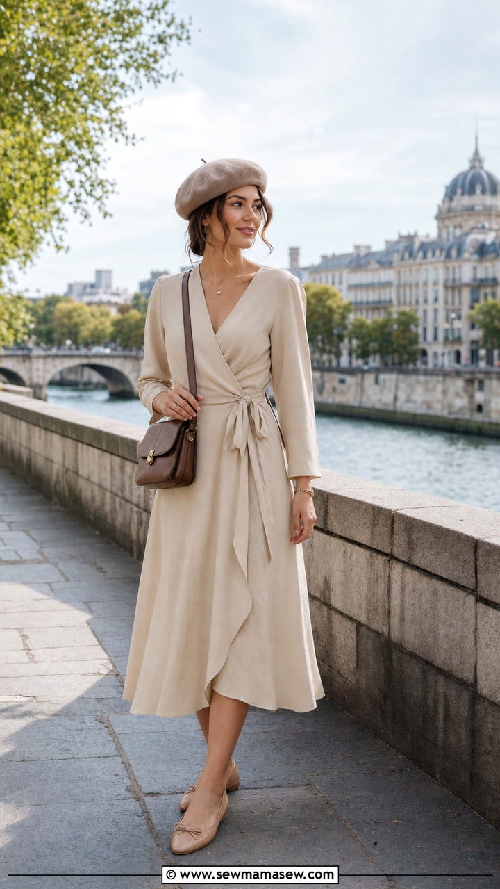 Wrap midi dress and wool beret with ballet flats outfit - 25 spring light academia outfits