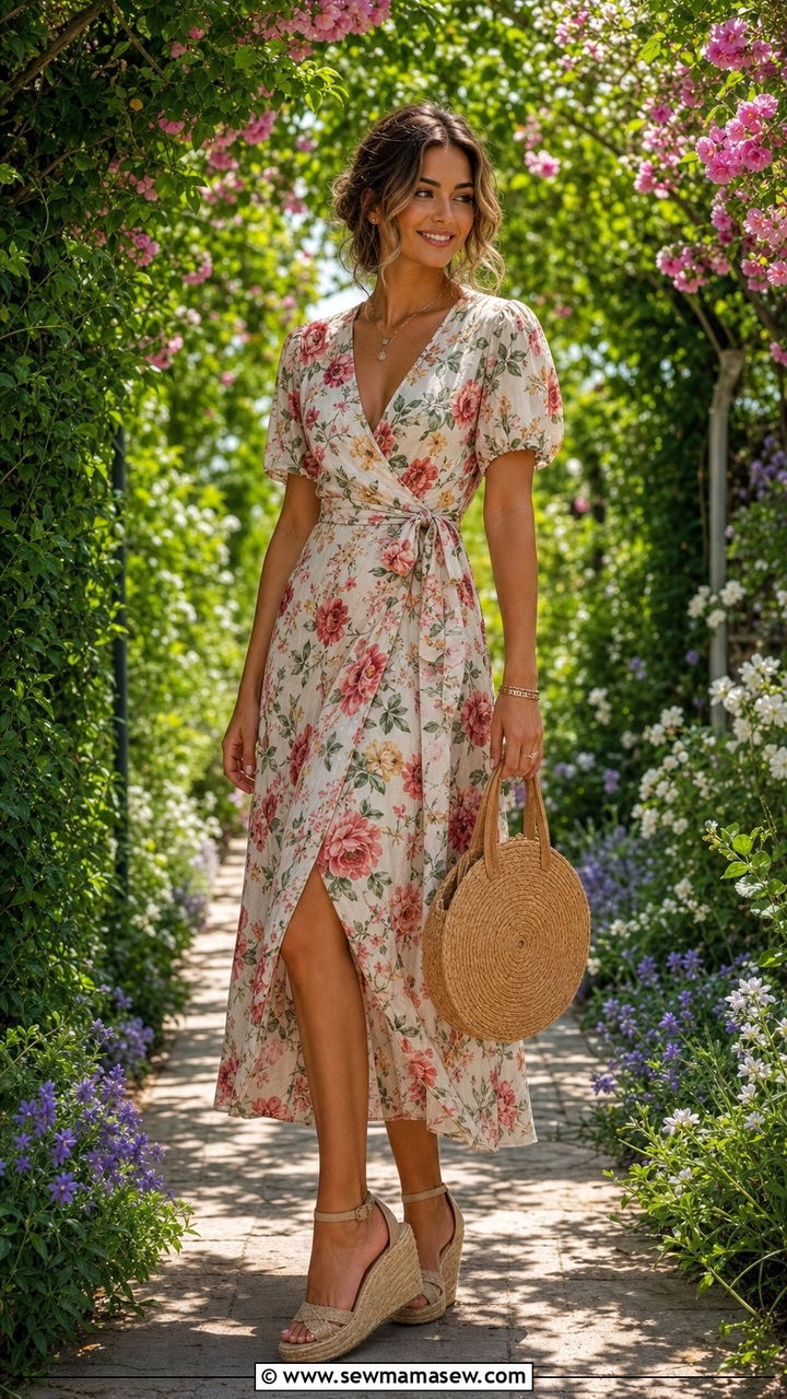 Wrap midi dress with espadrille wedges - 25 spring outfits for long torso women