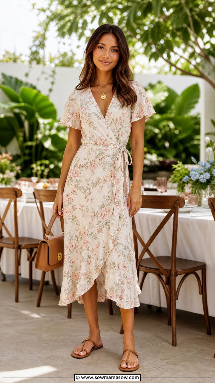 Wrap midi dress with flat sandals - 30 summer outfits with flat sandals