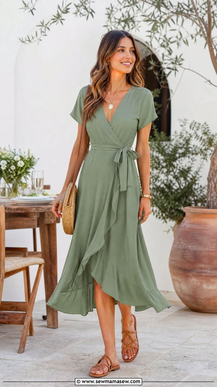 Wrap midi dress with flat sandals outfit - 25 Outfit ideas for women over 40 casual 2026