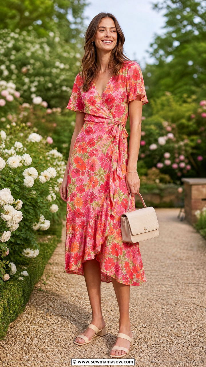 Wrap midi dress with low block heels - 30 Summer outfits for tall women