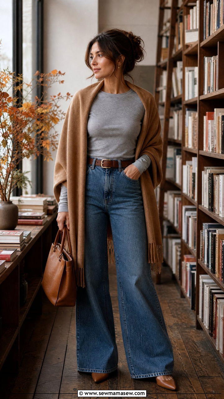 Wrap shawl with high waist jeans outfit - 35 Layering outfits for changing weather