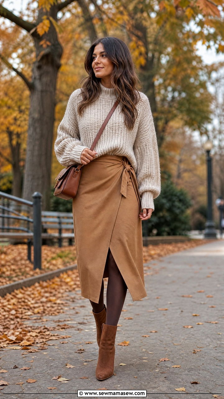 Wrap skirt with chunky sweater and ankle boots - 25 How to style a wrap skirt
