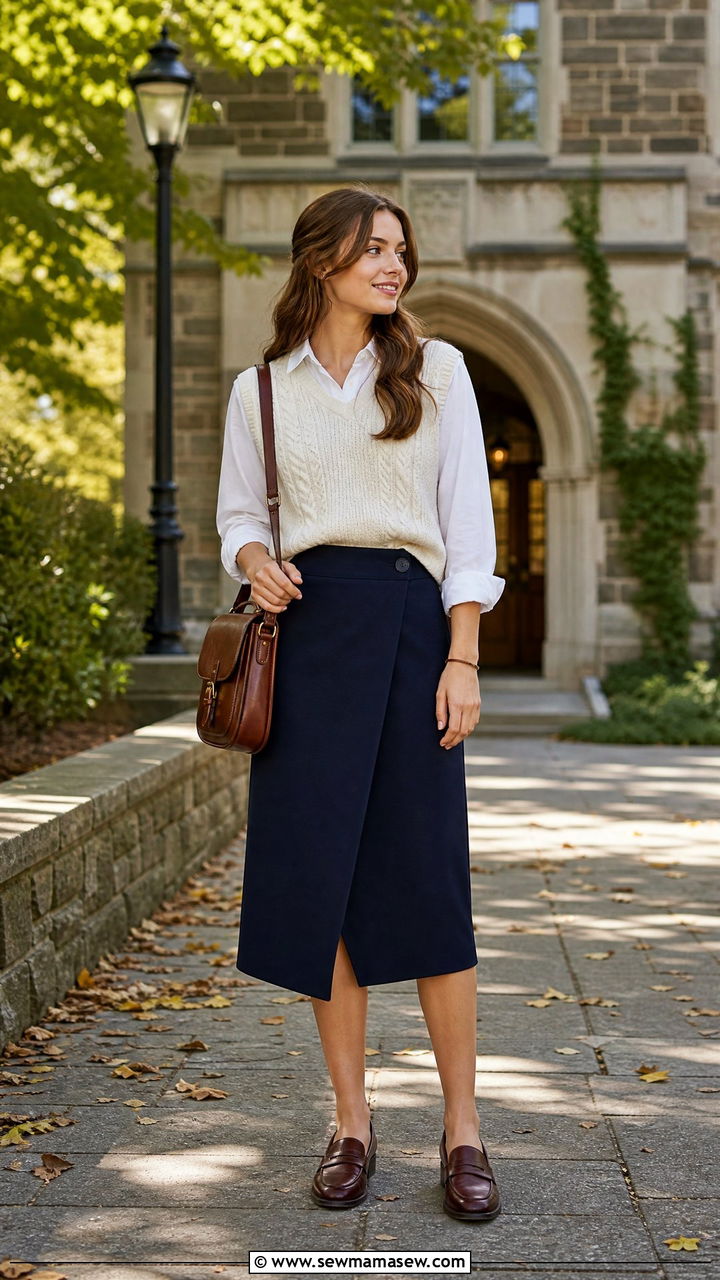 Wrap skirt with knit vest and penny loafers - 25 How to style a wrap skirt