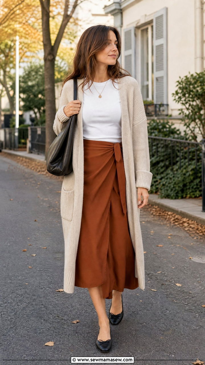 Wrap skirt with long cardigan and ballet flats - 25 How to style a wrap skirt