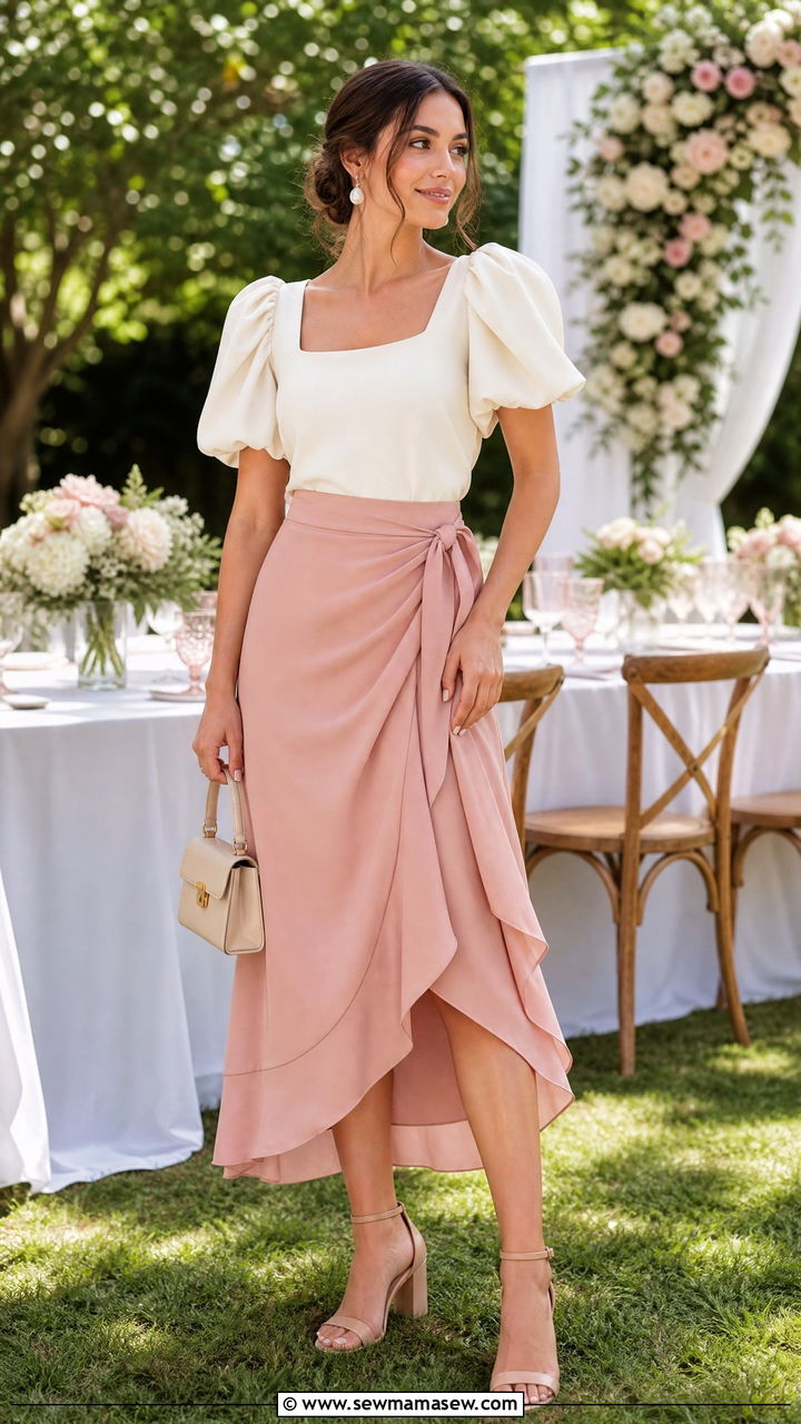 Wrap skirt with puff sleeve blouse and block heels - 25 How to style a wrap skirt