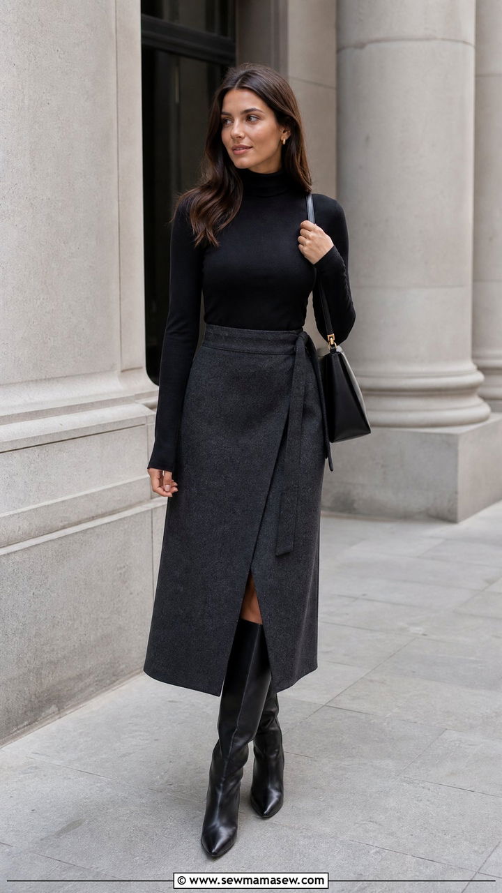 Wrap skirt with turtleneck and knee high boots - 25 How to style a wrap skirt