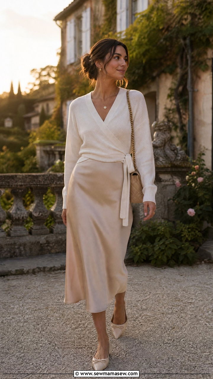 Wrap sweater with satin midi skirt and flats - 20 Spring outfits for 60-70 degree weather