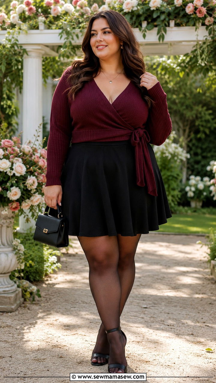 Wrap sweater with skater skirt outfit - 30 Sweater outfit ideas plus size