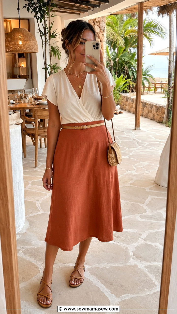 Wrap top and A line midi skirt - 30 classy resort outfits