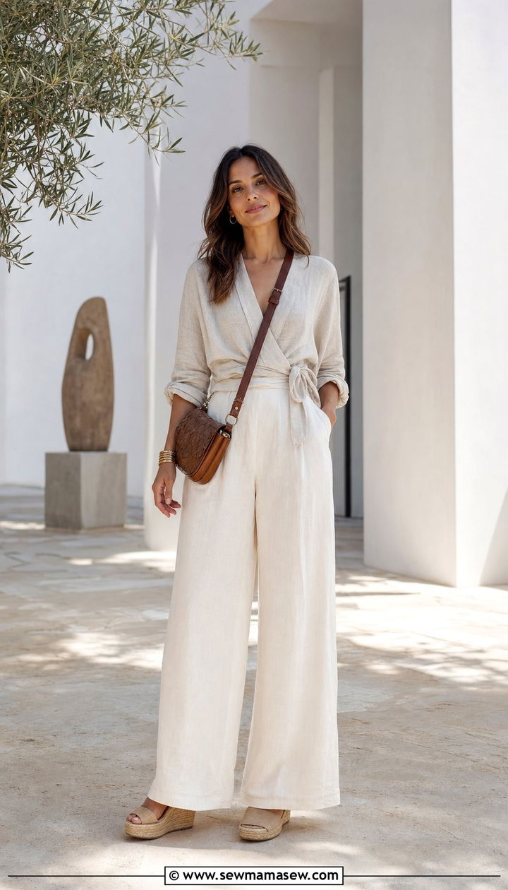 Wrap top and high waisted wide leg pants spring look - 25 spring outfits for inverted triangle body