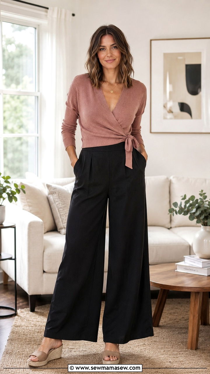 Wrap top and palazzo pants work from home outfit - 30 Remote worker outfit ideas