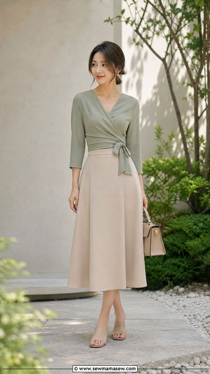 Wrap top with A line midi skirt - 25 casual outfits for short torso women