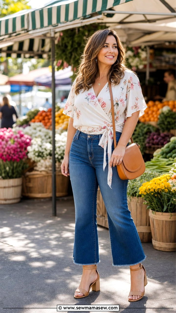 Wrap top with cropped flare jeans - 25 Spring outfits for apple shape