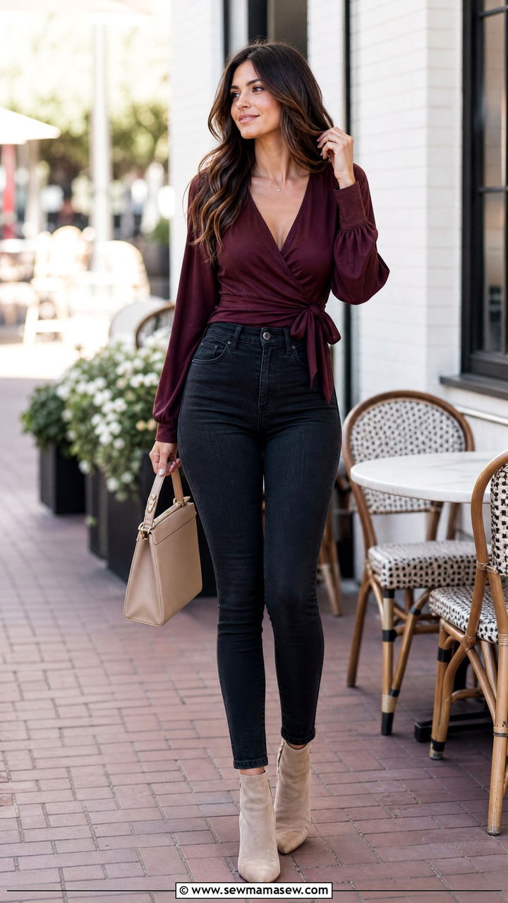 Wrap top with high waisted skinny jeans - 25 casual outfits for long torso women