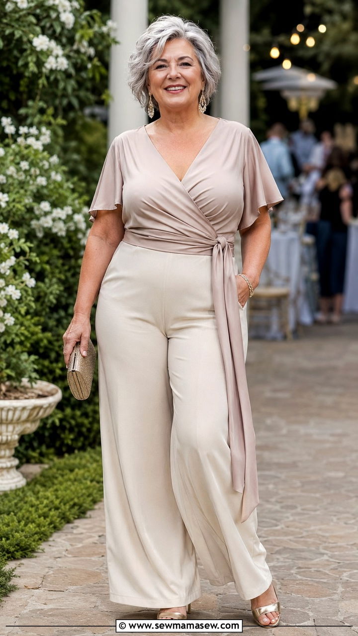 Wrap top with palazzo pants and heeled strappy sandals - 30 Plus size outfit ideas for women over 60