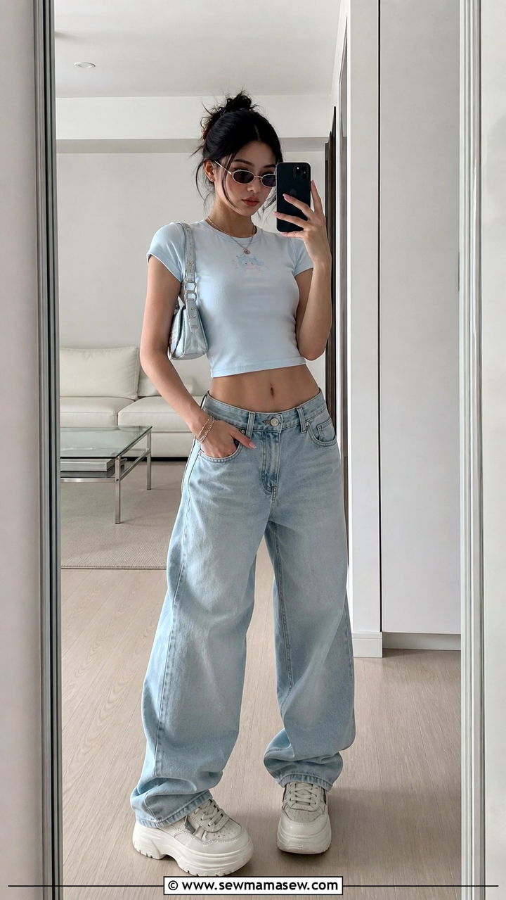 Y2K Crop Top With Low Rise Baggy Jeans Seoul - 40 Seoul outfit ideas