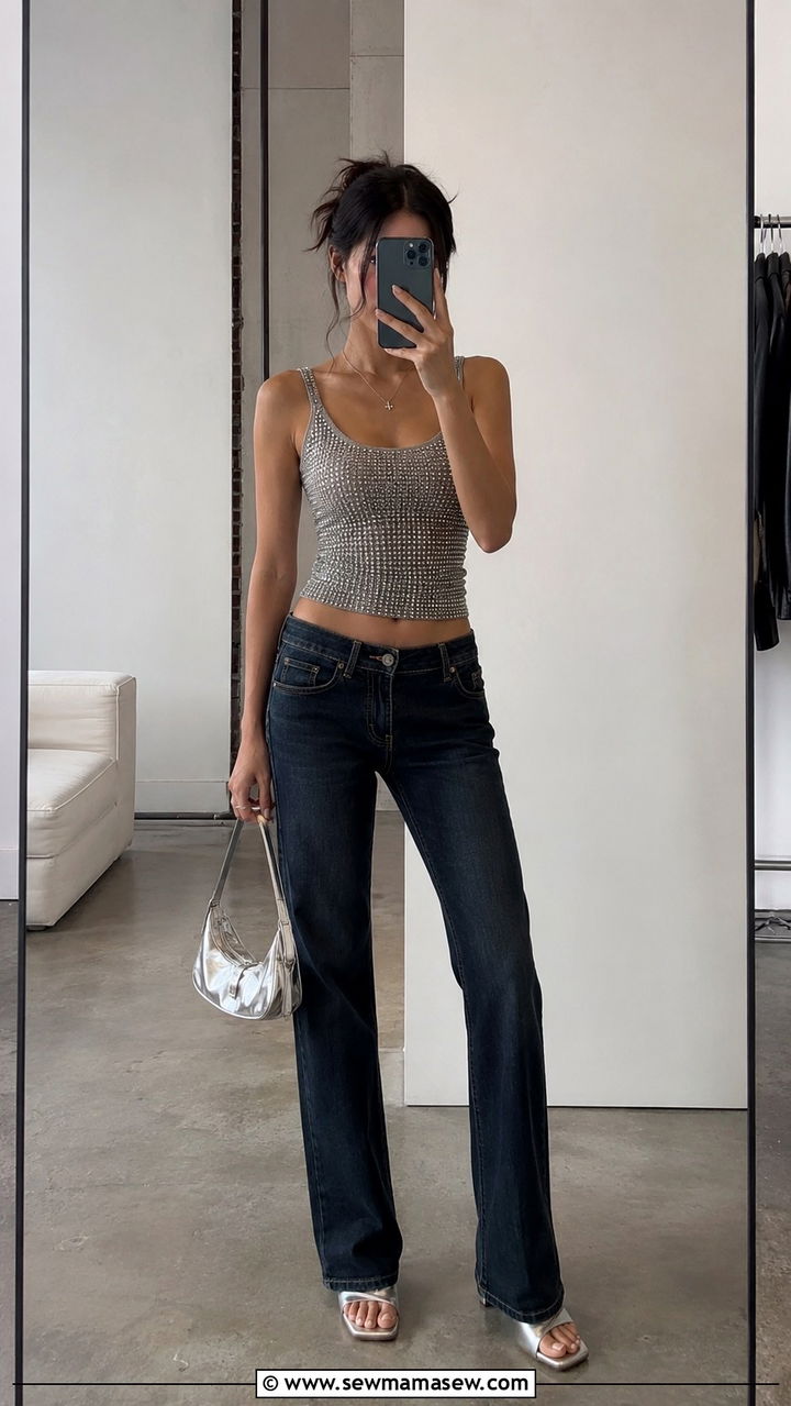Y2K Low Rise Denim and Rhinestone Tank - 25 aesthetic outfits 2026