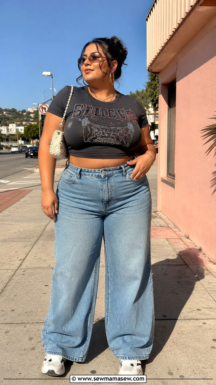 Y2K Plus Size Cropped Graphic Tee and Wide Leg Jeans Outfit - 25 Y2K outfits plus size