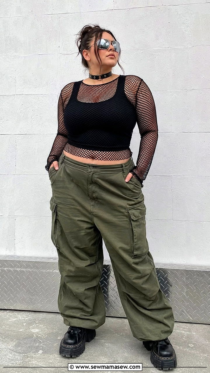 Y2K Plus Size Fishnet Top and Cargo Pants Outfit - 25 Y2K outfits plus size
