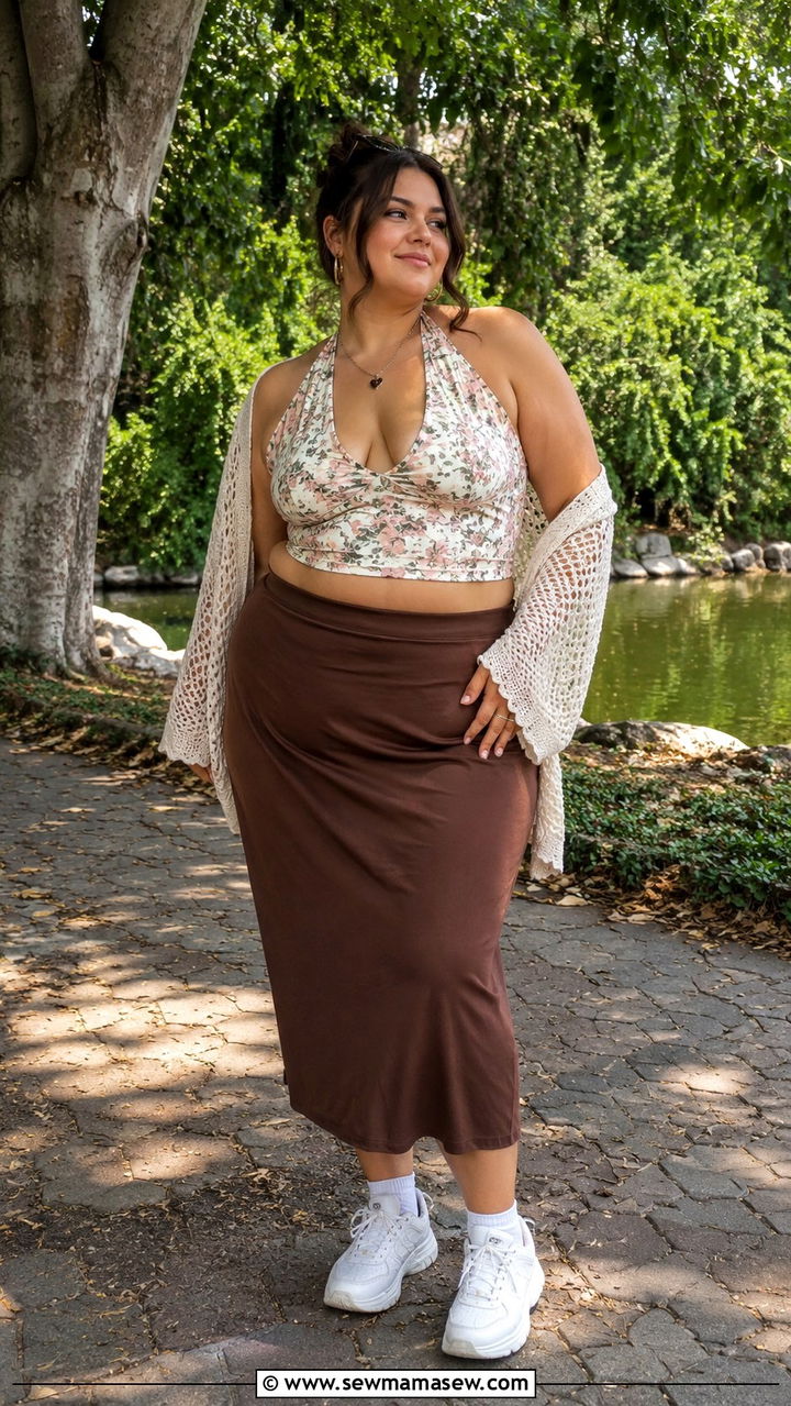 Y2K Plus Size Floral Halter Top and Midi Skirt Outfit - 25 Y2K outfits plus size