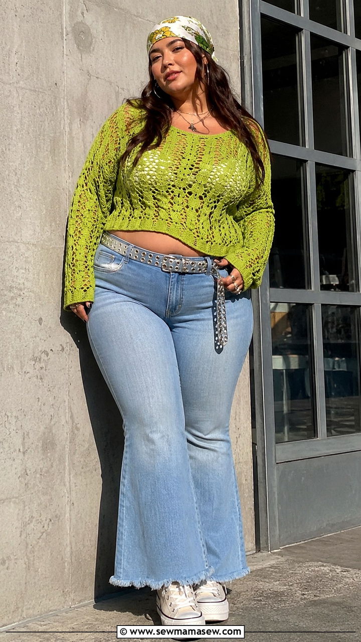 Y2K Plus Size Lime Crochet Sweater and Flared Denim Outfit - 25 Y2K outfits plus size