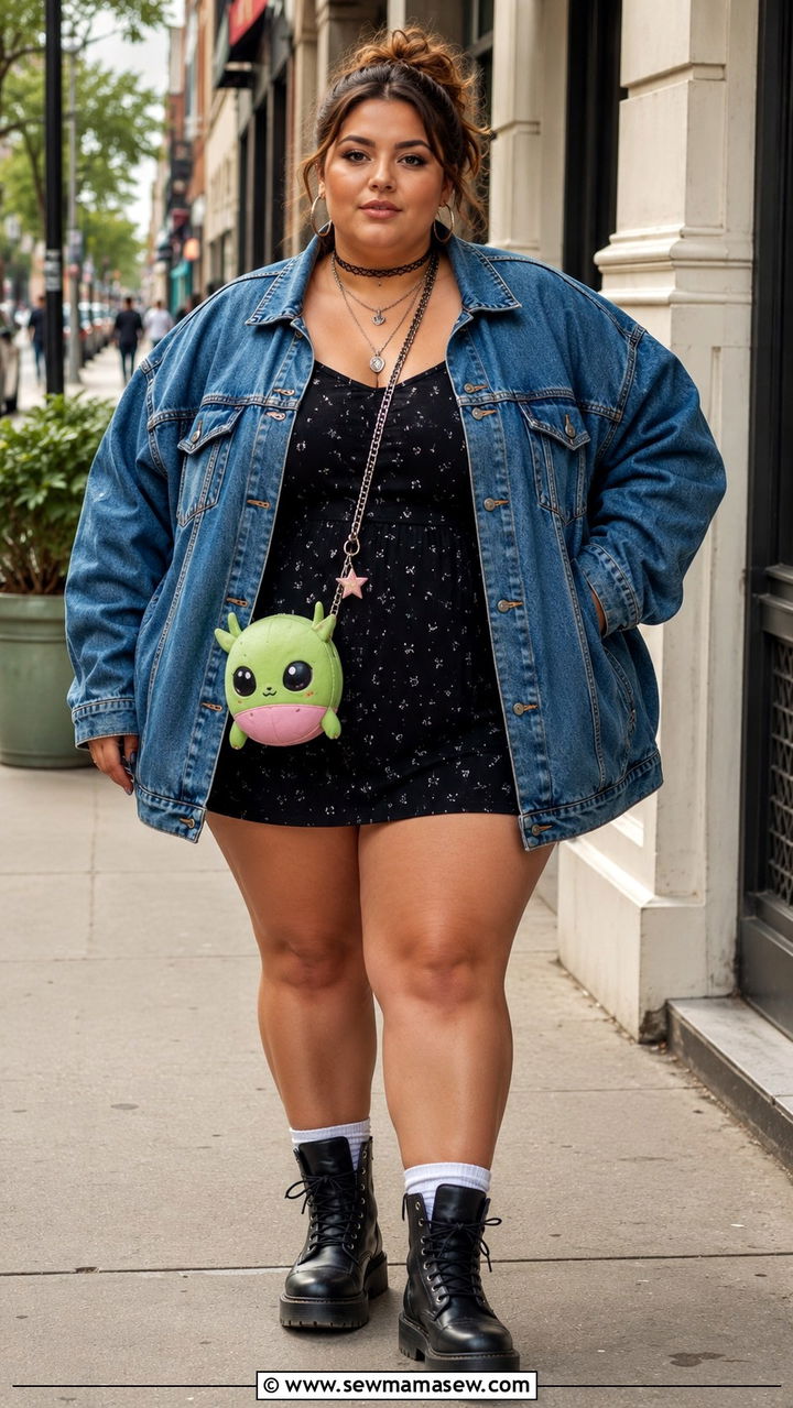 Y2K Plus Size Oversized Denim Jacket and Dress Outfit - 25 Y2K outfits plus size