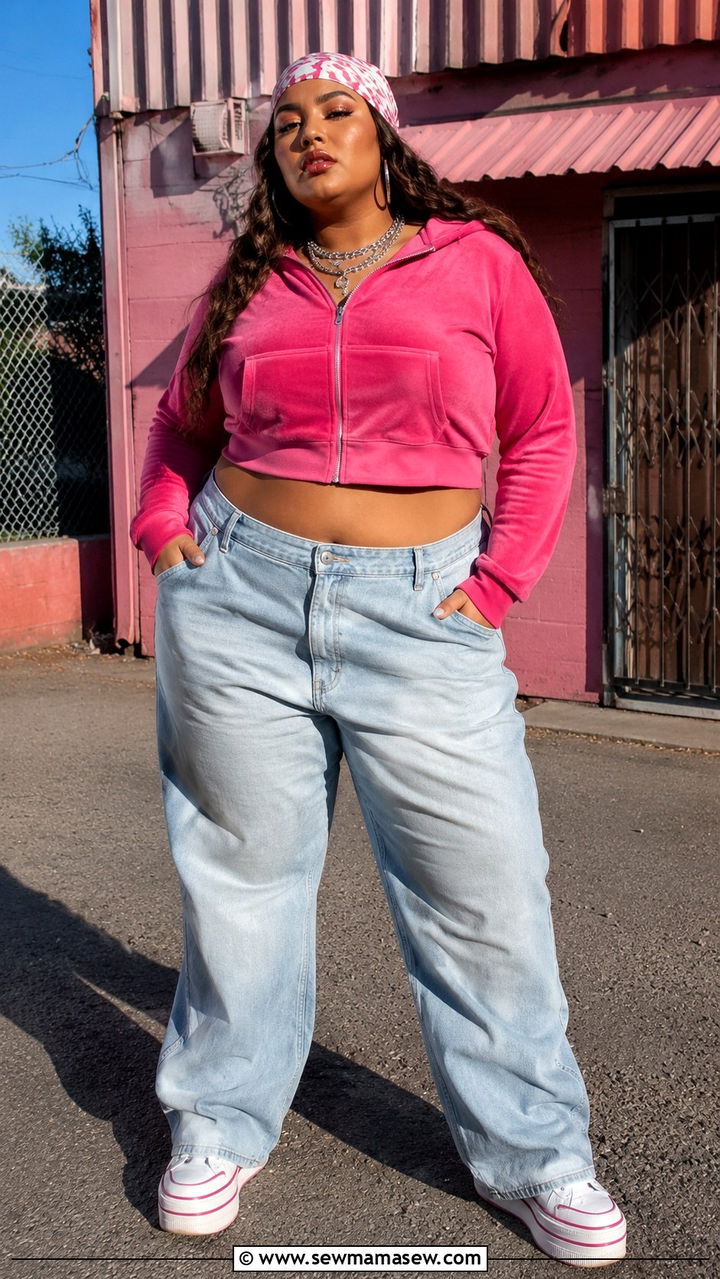 Y2K Plus Size Pink Velour Cropped Hoodie and Baggy Jeans Outfit - 25 Y2K outfits plus size