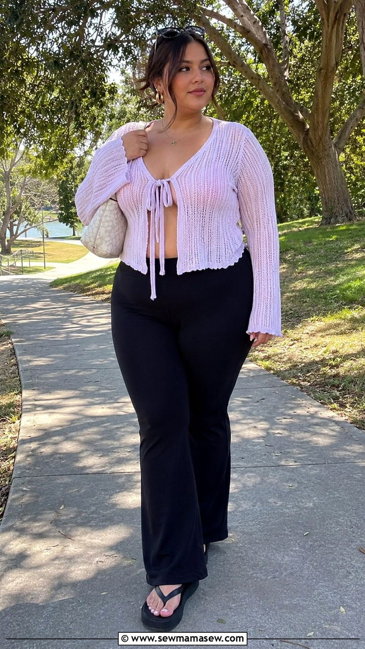 Y2K Plus Size Tie Front Cardigan and Flare Leggings Outfit - 25 Y2K outfits plus size
