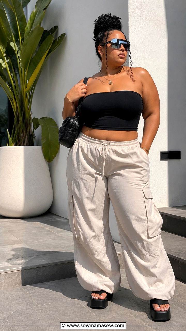 Y2K Plus Size Tube Top and Parachute Pants Outfit - 25 Y2K outfits plus size