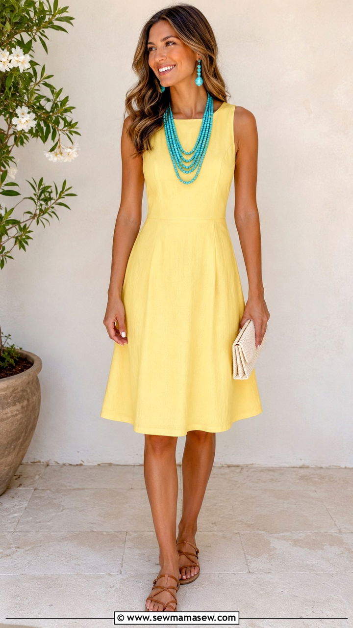 Yellow A Line Dress with Turquoise Jewelry - 25 Yellow dress outfit ideas summer 2026