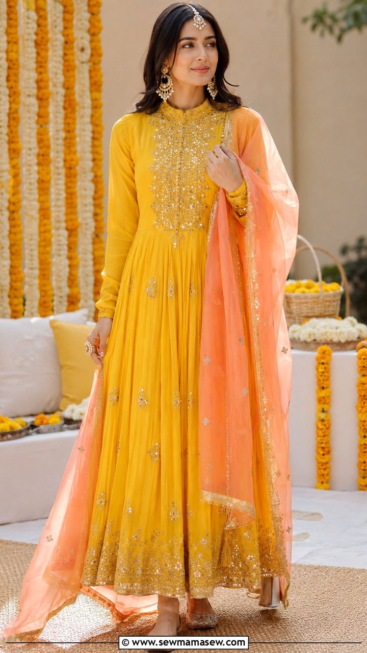 Yellow Anarkali Suit with Dupatta - 20 Modest outfit ideas for Henna night